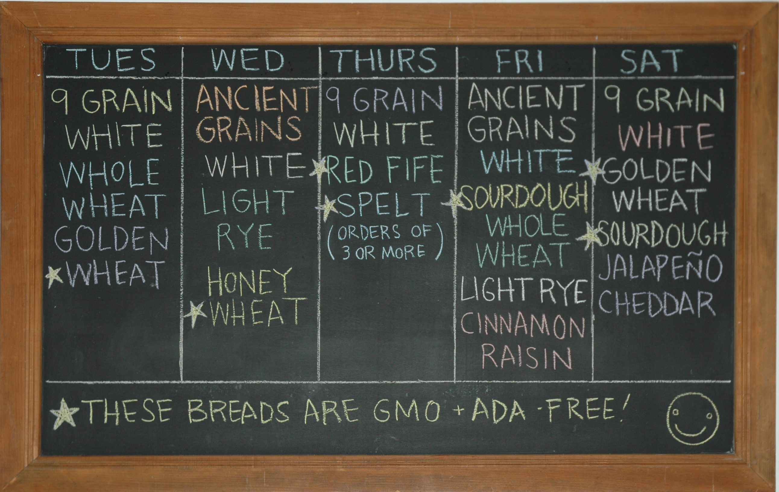Weekly Bread Schedule for The Bakery